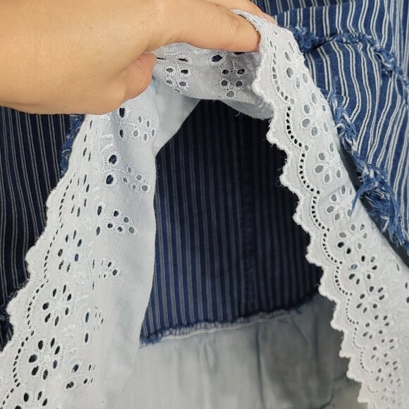 2/$40 Imitz Blue & White 100% Cotton Jean Zip Front Ruffled Eyelet Hem Size 40 - Picture 3 of 9